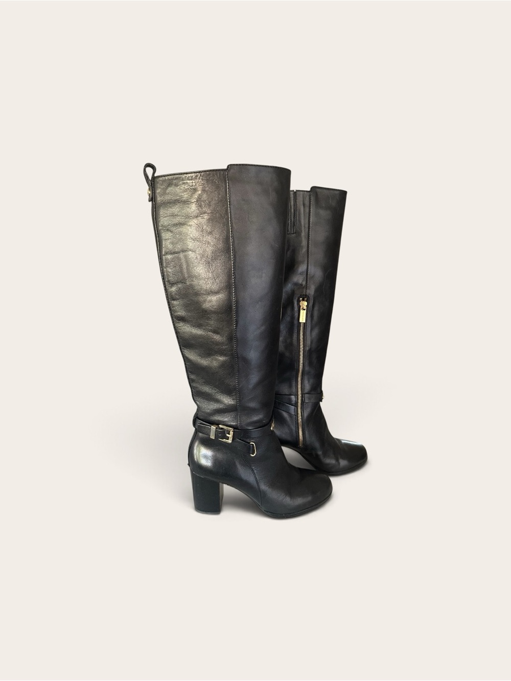 Michael Kors Classic Black Knee-High Leather Boots with Block Heel